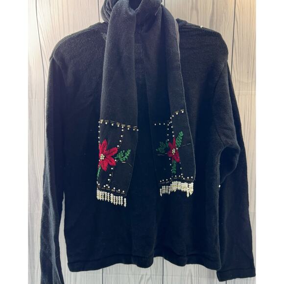 Vintage Lemon Grass Ugly Christmas Sweater Sz L Poinsettia w/ Scarf (READ) - Picture 5 of 9